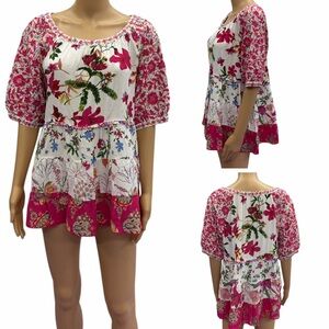 John Mark Floral Embroidered Boho Peasant Tunic Top Blouse Womens Small